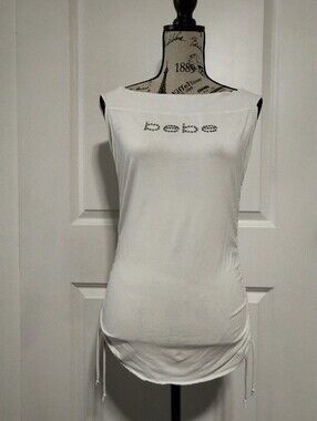 BEBE Rhinestone Dressy Top With Logo & Side Ties - Size L